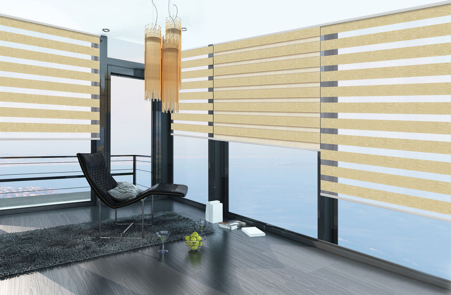 A modern room featuring zebra blinds with a combination of sheer and opaque fabric strips, allowing for light control and privacy. The room includes a chair, table, and floor lamp.
